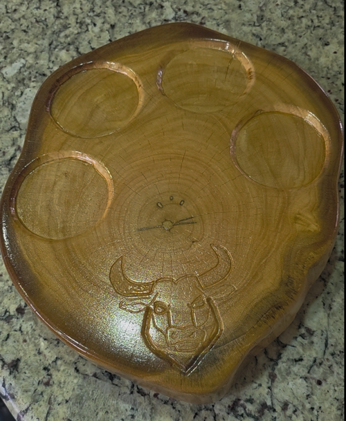 Bull Whiskey Tray handcarved solid Melina wood with bull engraving and four whiskey glass recesses